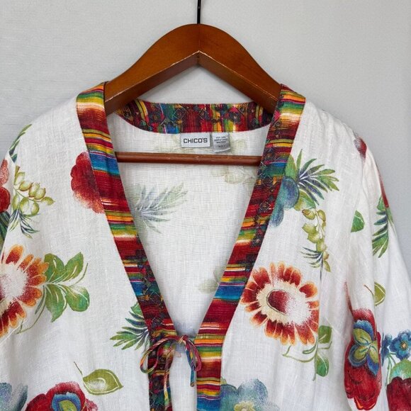 Chico's 100% Linen Ivory Water Color Floral Tie Front Long Sleeve Top Size M - Picture 3 of 13